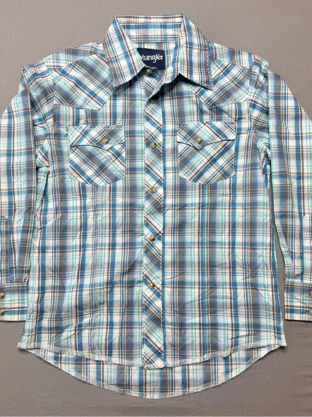 Wrangler Boys' Teal and White Plaid Western Shirt